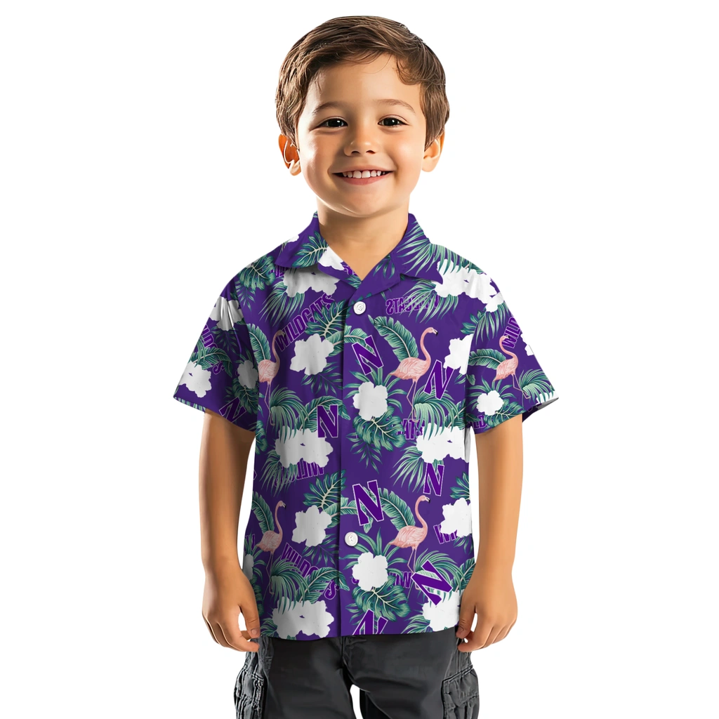 Northwestern Wildcats Hawaiian Shirt - Flamingo and Hibiscus northwestern wildcats flamingo palms purple hawaiian shirts top rated