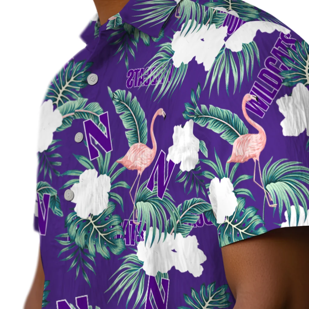 Northwestern Wildcats Hawaiian Shirt - Flamingo and Hibiscus northwestern wildcats flamingo palms purple hawaiian shirts trendy