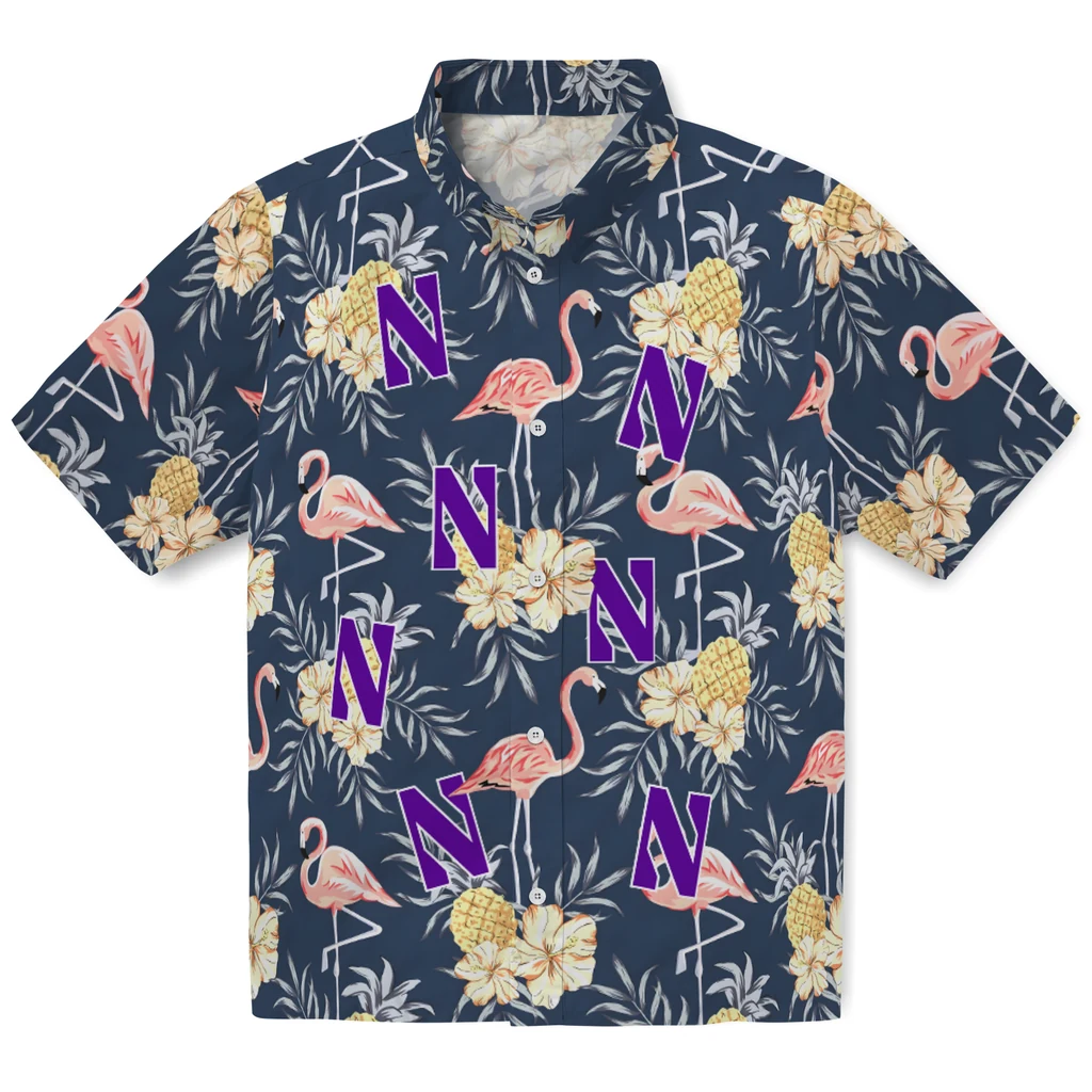 Northwestern Wildcats Hawaiian Shirt - Flamingo Hibiscus northwestern wildcats flamingo hibiscus navy hawaiian shirts best selling