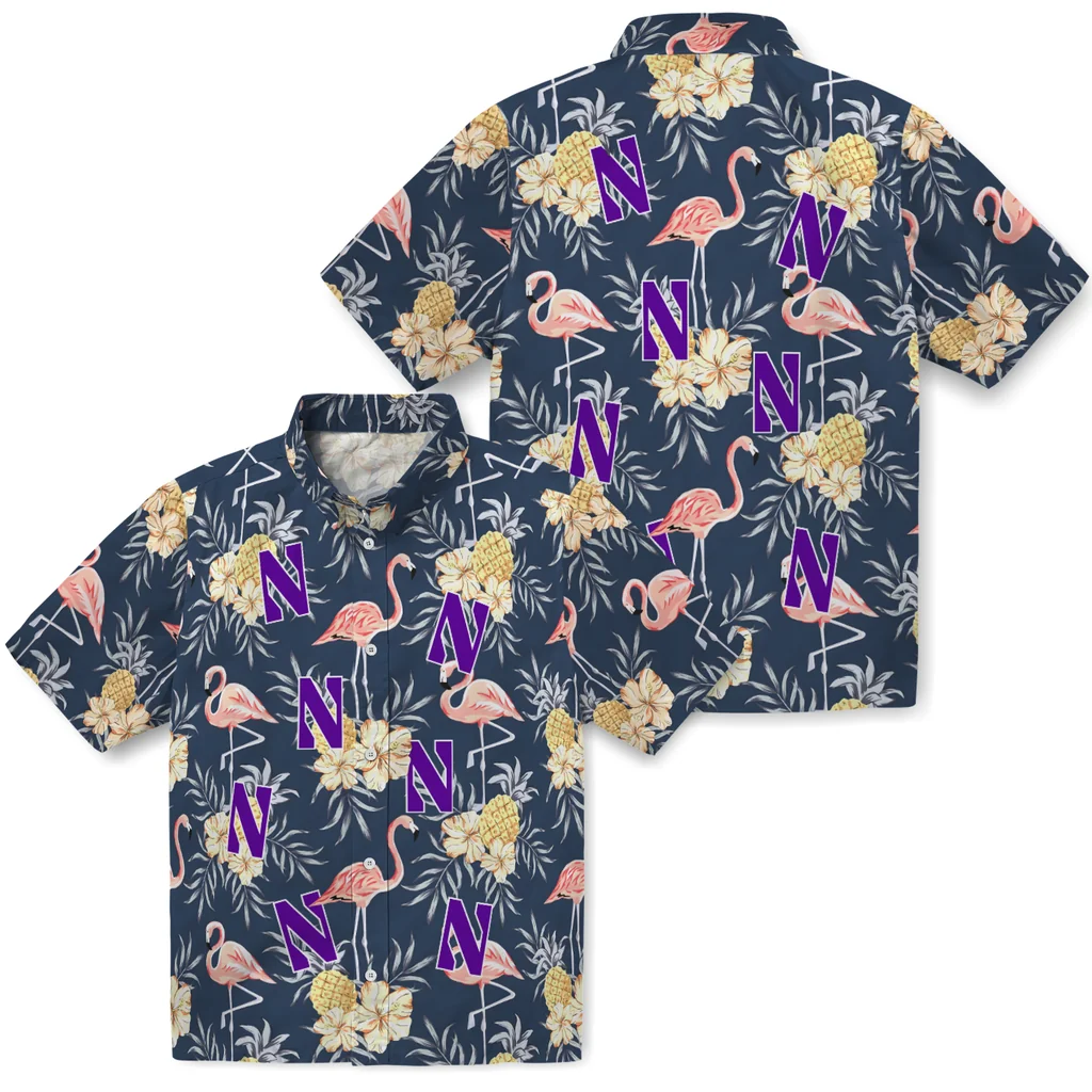Northwestern Wildcats Hawaiian Shirt - Flamingo Hibiscus northwestern wildcats flamingo hibiscus navy hawaiian shirts high quality