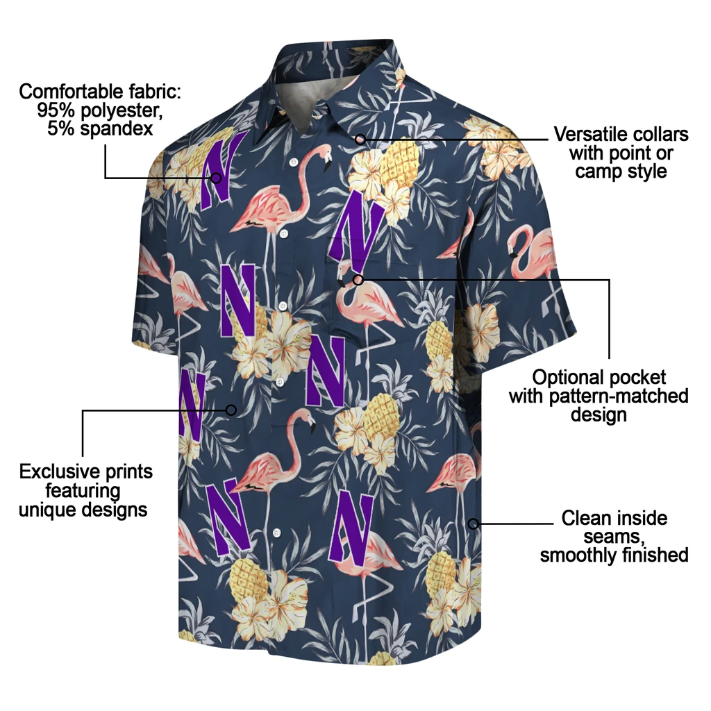 Northwestern Wildcats Hawaiian Shirt - Flamingo Hibiscus northwestern wildcats flamingo hibiscus navy hawaiian shirts new arrival