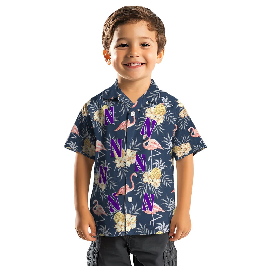Northwestern Wildcats Hawaiian Shirt - Flamingo Hibiscus northwestern wildcats flamingo hibiscus navy hawaiian shirts top rated