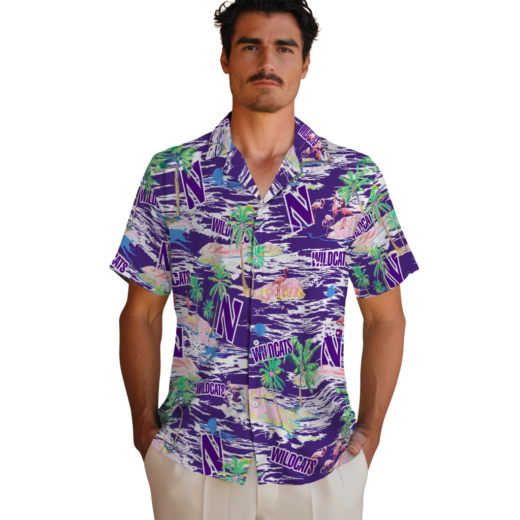 Northwestern Wildcats Hawaiian Shirt - Hawaii Island northwestern wildcats flamingo retreat purple hawaiian shirts fashion forward
