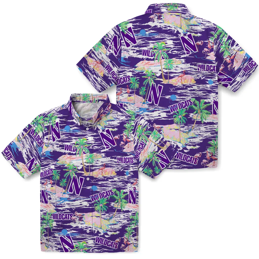 Northwestern Wildcats Hawaiian Shirt - Hawaii Island northwestern wildcats flamingo retreat purple hawaiian shirts high quality