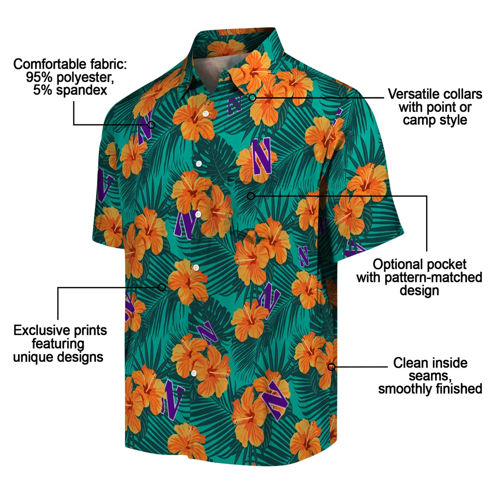 Northwestern Wildcats Hawaiian Shirt - Hibiscus and Palm Leaves northwestern wildcats hibiscus escape green hawaiian shirts new arrival
