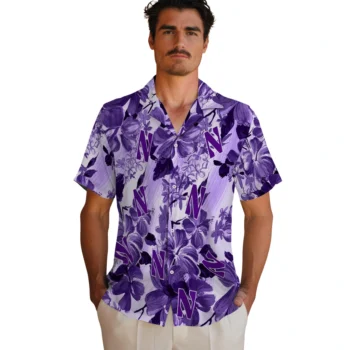 northwestern wildcats hibiscus arrangement purple hawaiian shirts fashion forward