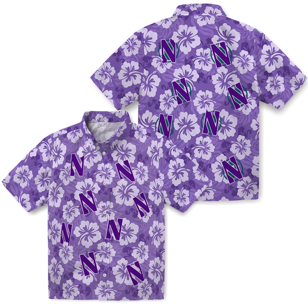 Northwestern Wildcats Hawaiian Shirt - Hibiscus Cluster northwestern wildcats hibiscus cluster purple hawaiian shirts high quality