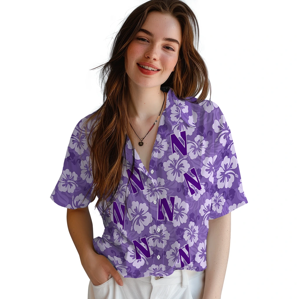 Northwestern Wildcats Hawaiian Shirt - Hibiscus Cluster northwestern wildcats hibiscus cluster purple hawaiian shirts latest model