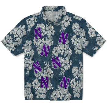 northwestern wildcats hibiscus flowers navy blue hawaiian shirts best selling