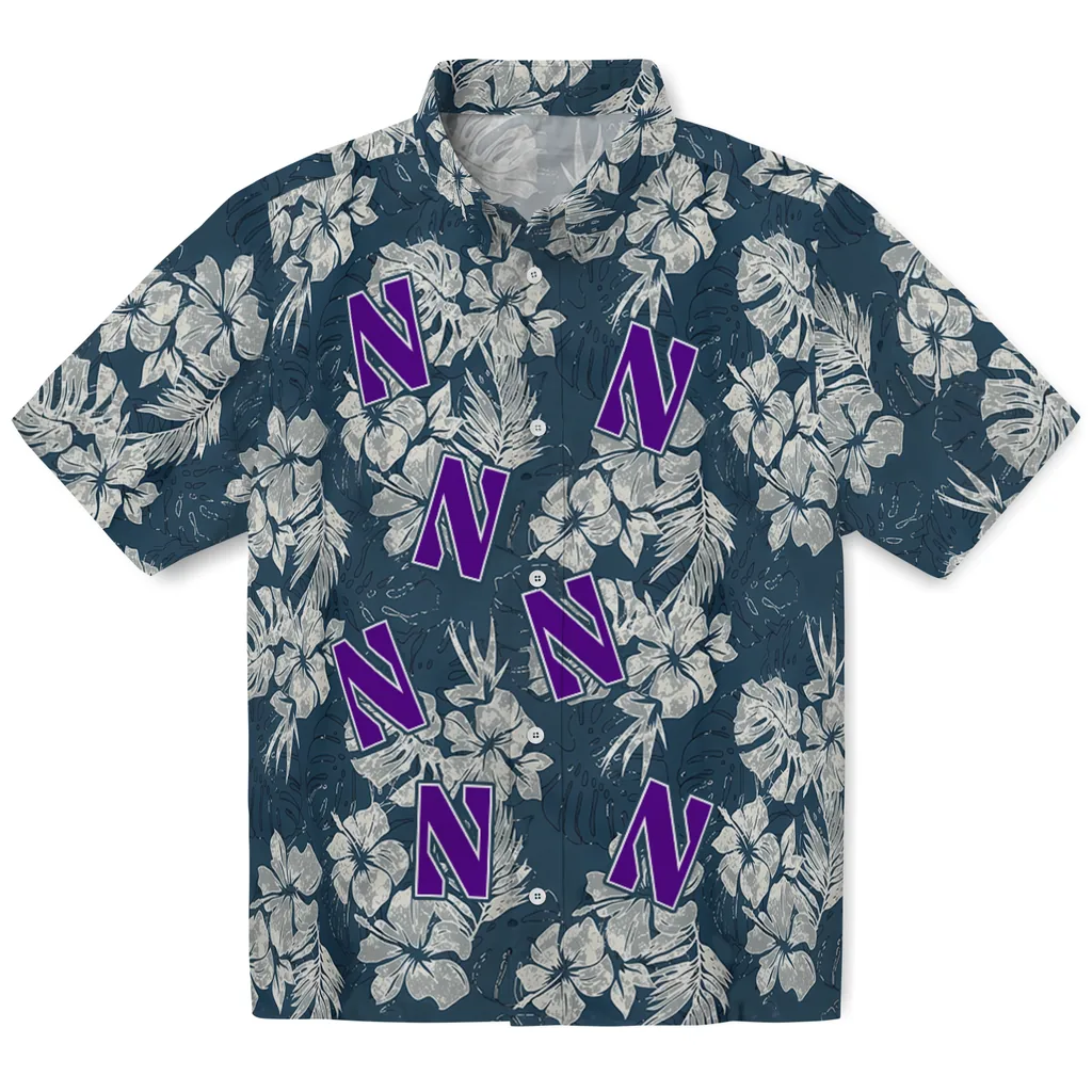 Northwestern Wildcats Hawaiian Shirt - Hibiscus Flowers northwestern wildcats hibiscus flowers navy blue hawaiian shirts best selling