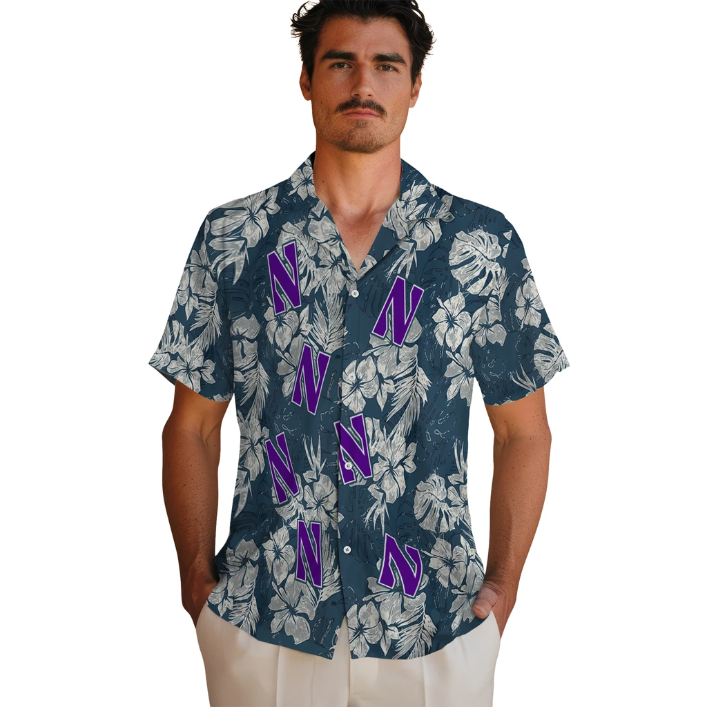 Northwestern Wildcats Hawaiian Shirt - Hibiscus Flowers northwestern wildcats hibiscus flowers navy blue hawaiian shirts fashion forward