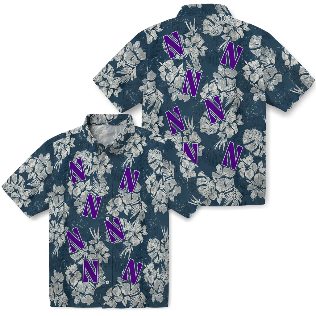 Northwestern Wildcats Hawaiian Shirt - Hibiscus Flowers northwestern wildcats hibiscus flowers navy blue hawaiian shirts high quality