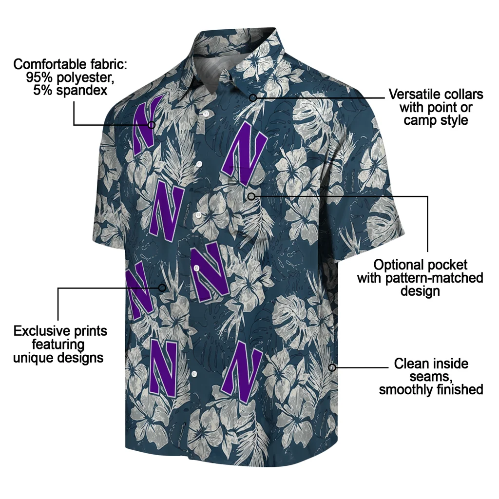 Northwestern Wildcats Hawaiian Shirt - Hibiscus Flowers northwestern wildcats hibiscus flowers navy blue hawaiian shirts new arrival