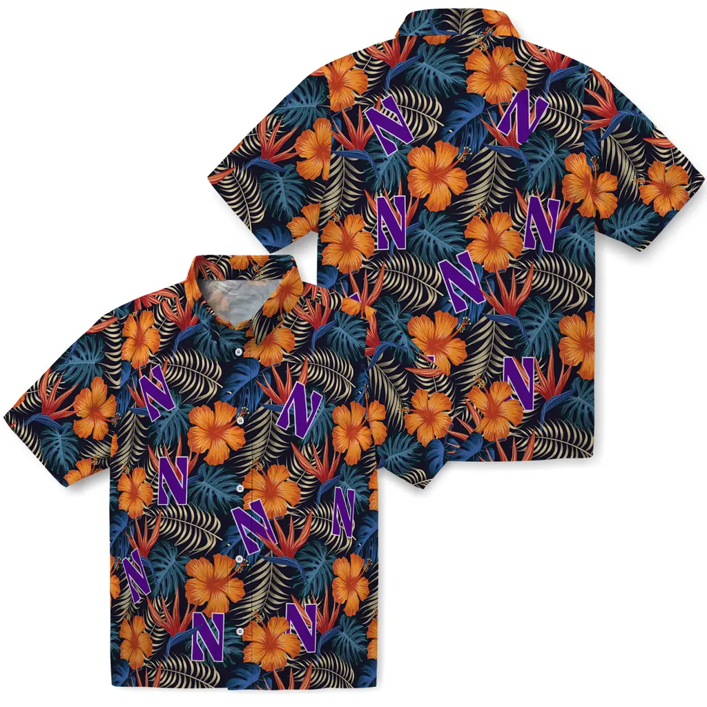 Northwestern Wildcats Hawaiian Shirt - Hibiscus Foliage northwestern wildcats hibiscus foliage hawaiian shirts high quality