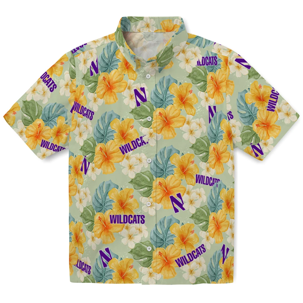 Northwestern Wildcats Hawaiian Shirt - Hibiscus Mood northwestern wildcats hibiscus mood pale lime yellow hawaiian shirts best selling