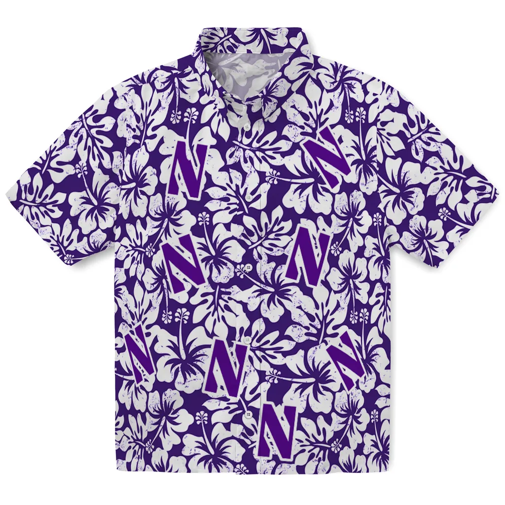 Northwestern Wildcats Hawaiian Shirt - Hibiscus Motif northwestern wildcats hibiscus motif purple white hawaiian shirts best selling