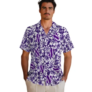 northwestern wildcats hibiscus motif purple white hawaiian shirts fashion forward
