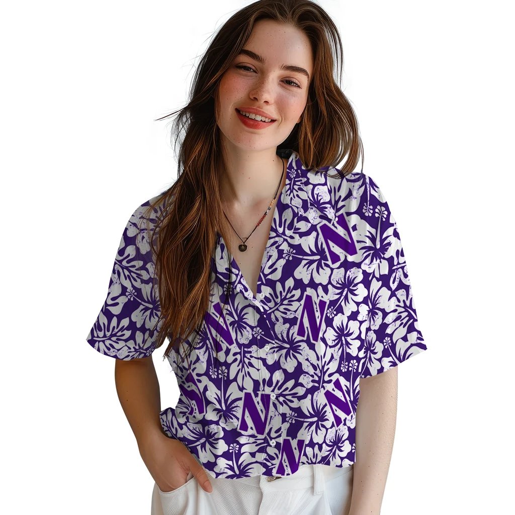 Northwestern Wildcats Hawaiian Shirt - Hibiscus Motif northwestern wildcats hibiscus motif purple white hawaiian shirts latest model