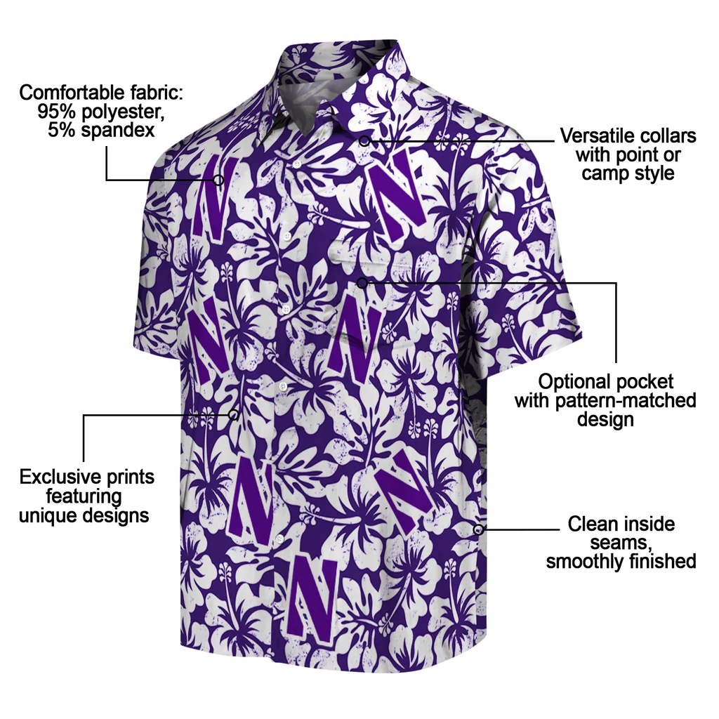 Northwestern Wildcats Hawaiian Shirt - Hibiscus Motif northwestern wildcats hibiscus motif purple white hawaiian shirts new arrival