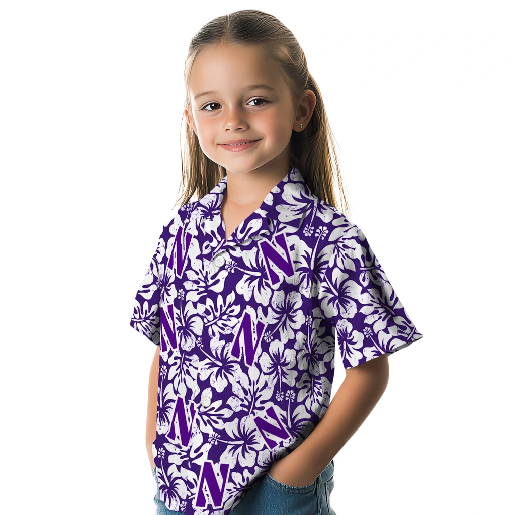 Northwestern Wildcats Hawaiian Shirt - Hibiscus Motif northwestern wildcats hibiscus motif purple white hawaiian shirts premium grade