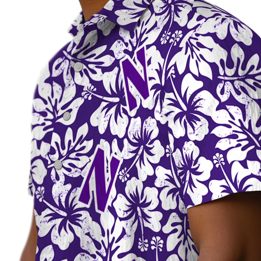 Northwestern Wildcats Hawaiian Shirt - Hibiscus Motif northwestern wildcats hibiscus motif purple white hawaiian shirts trendy