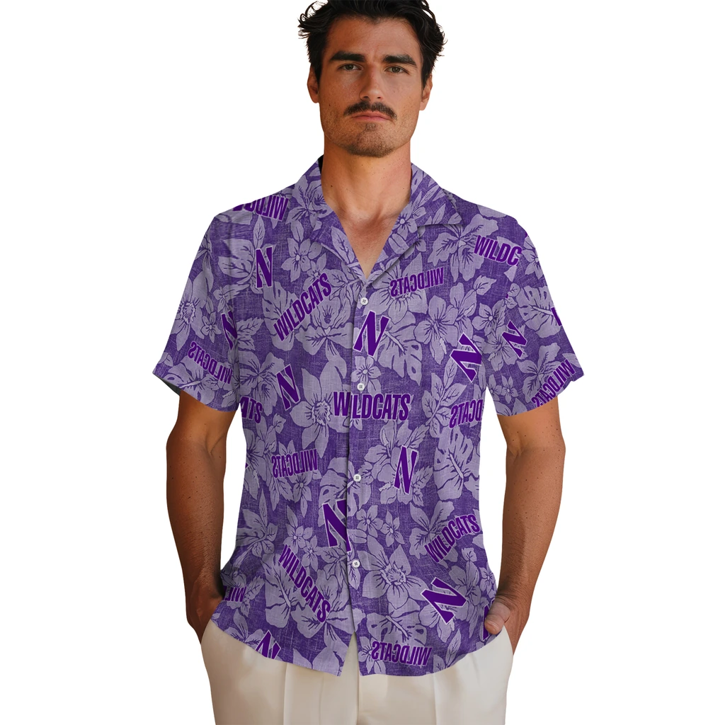 Northwestern Wildcats Hawaiian Shirt - Hibiscus Oasis northwestern wildcats hibiscus oasis purple hawaiian shirts fashion forward