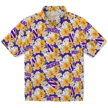 northwestern wildcats hibiscus tropics purple yellow hawaiian shirts best selling