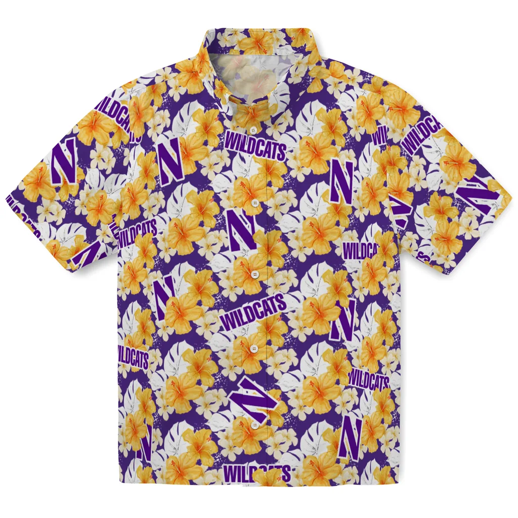 Northwestern Wildcats Hawaiian Shirt - Hibiscus Tropics northwestern wildcats hibiscus tropics purple yellow hawaiian shirts best selling