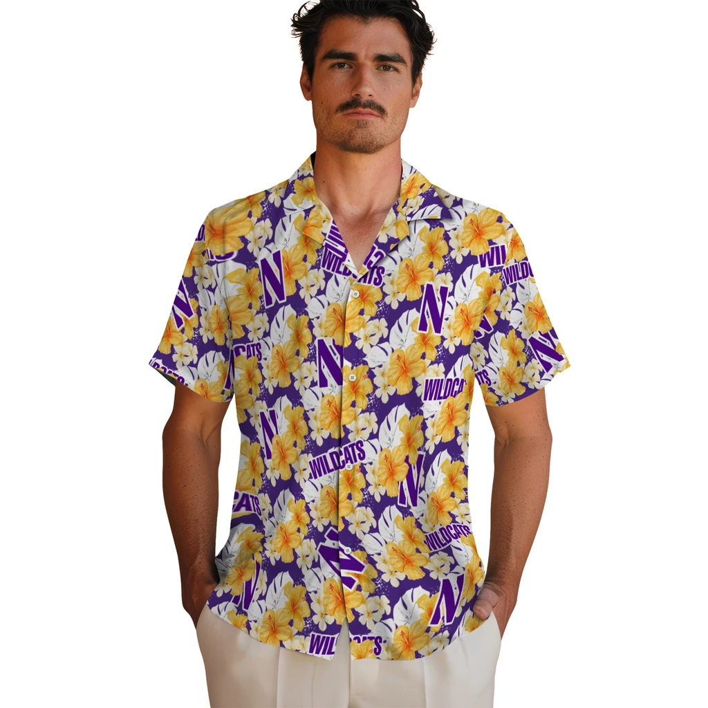 Northwestern Wildcats Hawaiian Shirt - Hibiscus Tropics northwestern wildcats hibiscus tropics purple yellow hawaiian shirts fashion forward