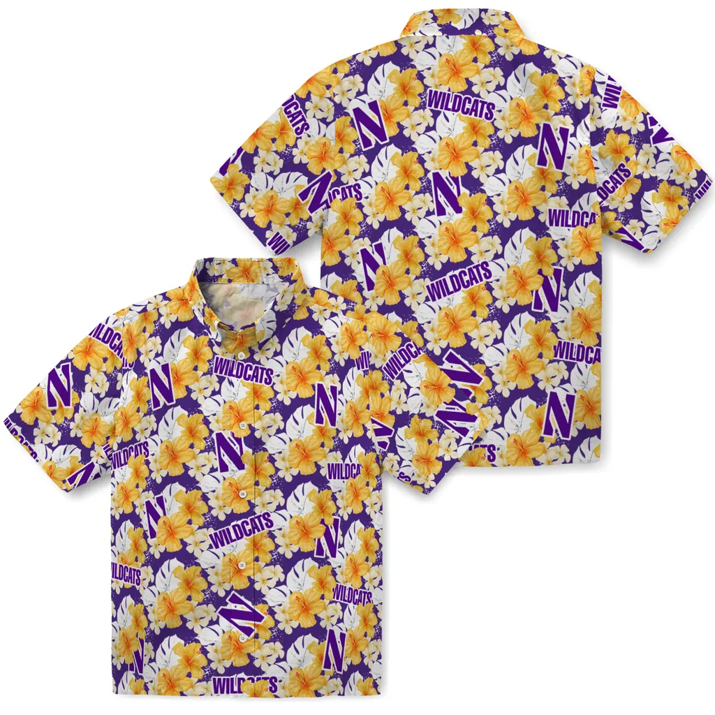Northwestern Wildcats Hawaiian Shirt - Hibiscus Tropics northwestern wildcats hibiscus tropics purple yellow hawaiian shirts high quality