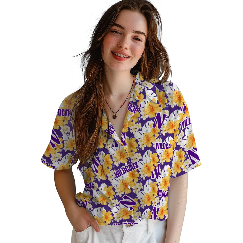 Northwestern Wildcats Hawaiian Shirt - Hibiscus Tropics northwestern wildcats hibiscus tropics purple yellow hawaiian shirts latest model