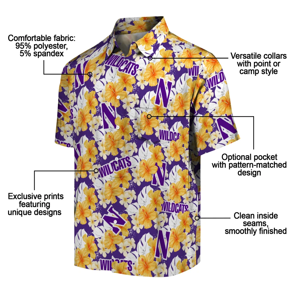 Northwestern Wildcats Hawaiian Shirt - Hibiscus Tropics northwestern wildcats hibiscus tropics purple yellow hawaiian shirts new arrival