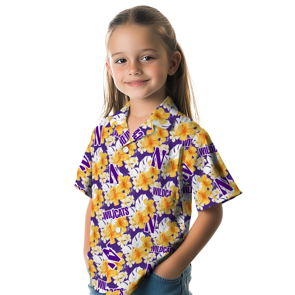 Northwestern Wildcats Hawaiian Shirt - Hibiscus Tropics northwestern wildcats hibiscus tropics purple yellow hawaiian shirts premium grade