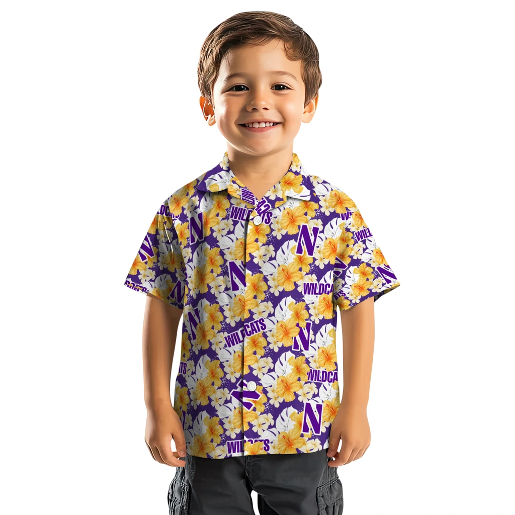 Northwestern Wildcats Hawaiian Shirt - Hibiscus Tropics northwestern wildcats hibiscus tropics purple yellow hawaiian shirts top rated