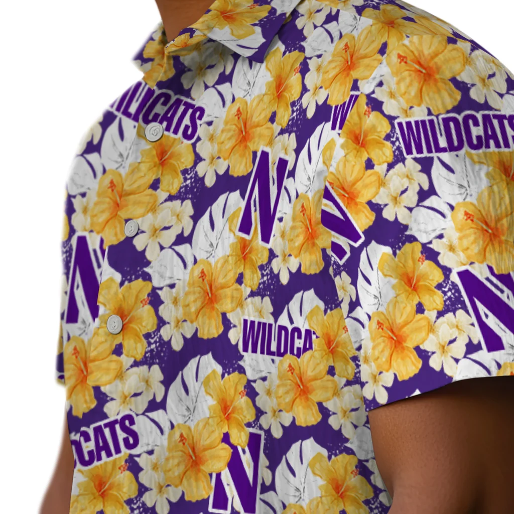 Northwestern Wildcats Hawaiian Shirt - Hibiscus Tropics northwestern wildcats hibiscus tropics purple yellow hawaiian shirts trendy