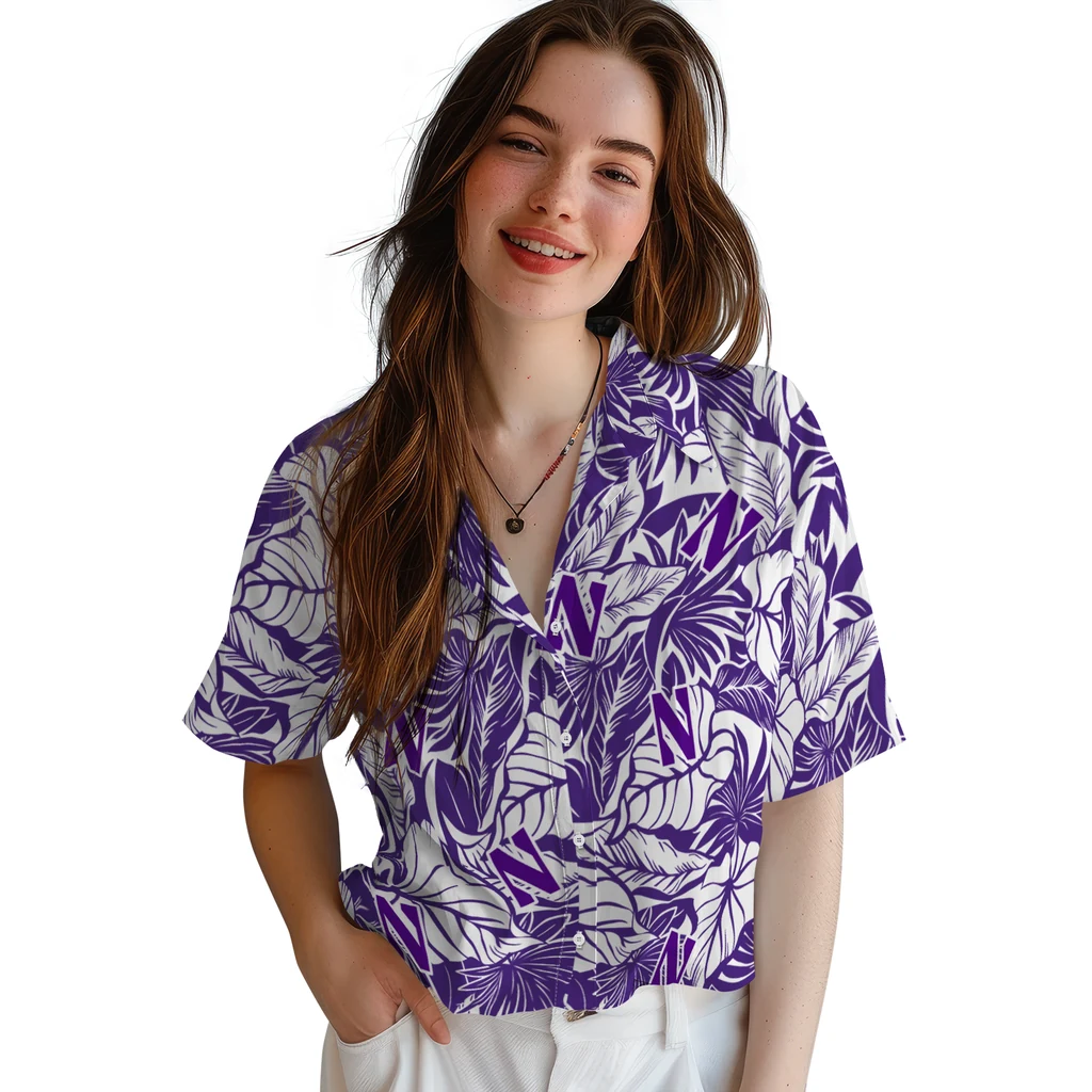 Northwestern Wildcats Hawaiian Shirt - Monstera Layer northwestern wildcats monstera layer purple hawaiian shirts latest model