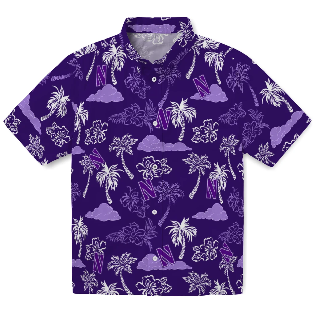 Northwestern Wildcats Hawaiian Shirt - Palm And Clouds northwestern wildcats palm and clouds purple hawaiian shirts best selling