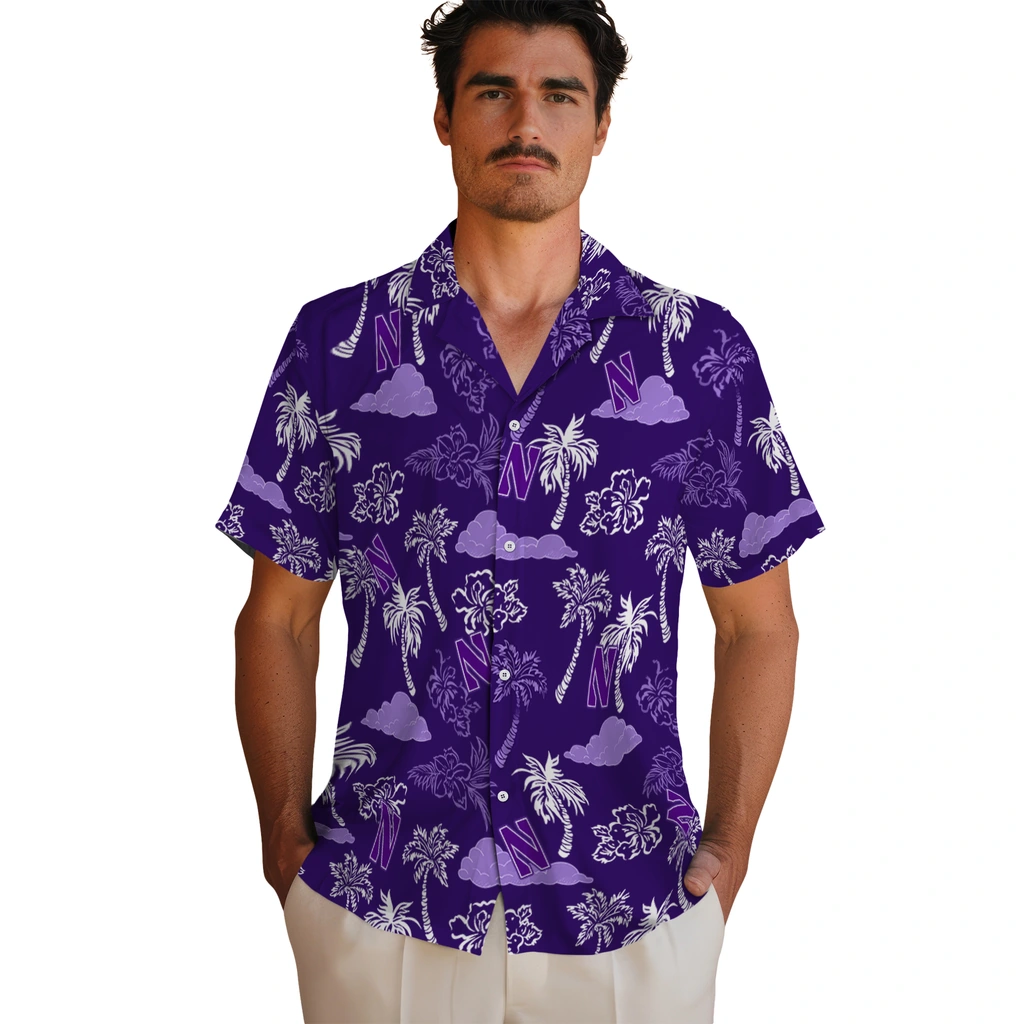 Northwestern Wildcats Hawaiian Shirt - Palm And Clouds northwestern wildcats palm and clouds purple hawaiian shirts fashion forward