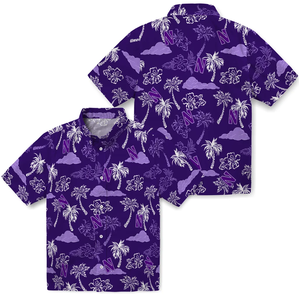 Northwestern Wildcats Hawaiian Shirt - Palm And Clouds northwestern wildcats palm and clouds purple hawaiian shirts high quality