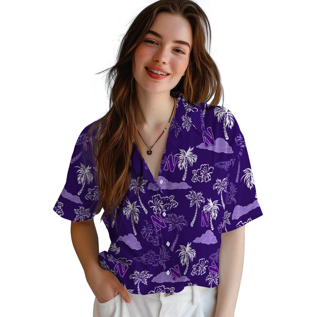 Northwestern Wildcats Hawaiian Shirt - Palm And Clouds northwestern wildcats palm and clouds purple hawaiian shirts latest model