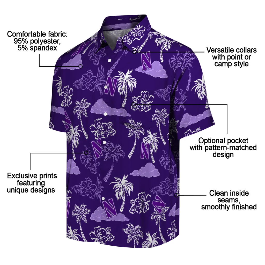Northwestern Wildcats Hawaiian Shirt - Palm And Clouds northwestern wildcats palm and clouds purple hawaiian shirts new arrival