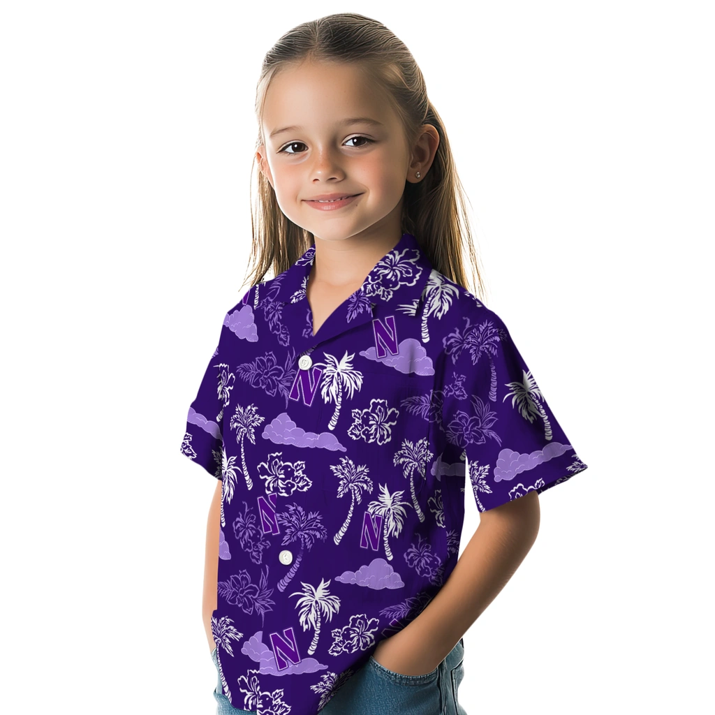 Northwestern Wildcats Hawaiian Shirt - Palm And Clouds northwestern wildcats palm and clouds purple hawaiian shirts premium grade