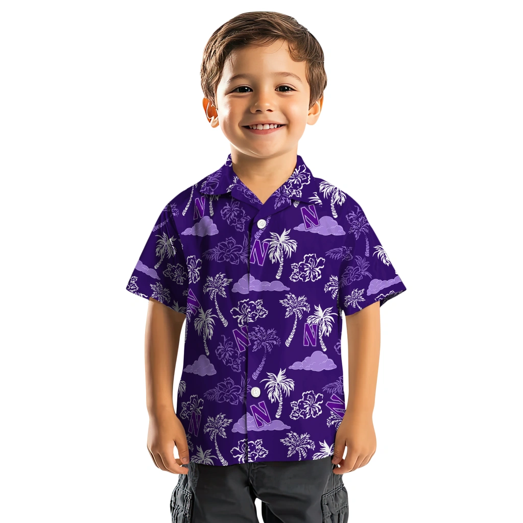 Northwestern Wildcats Hawaiian Shirt - Palm And Clouds northwestern wildcats palm and clouds purple hawaiian shirts top rated
