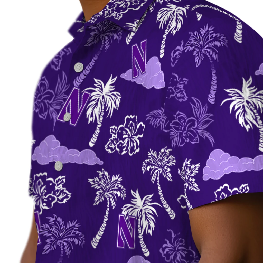 Northwestern Wildcats Hawaiian Shirt - Palm And Clouds northwestern wildcats palm and clouds purple hawaiian shirts trendy