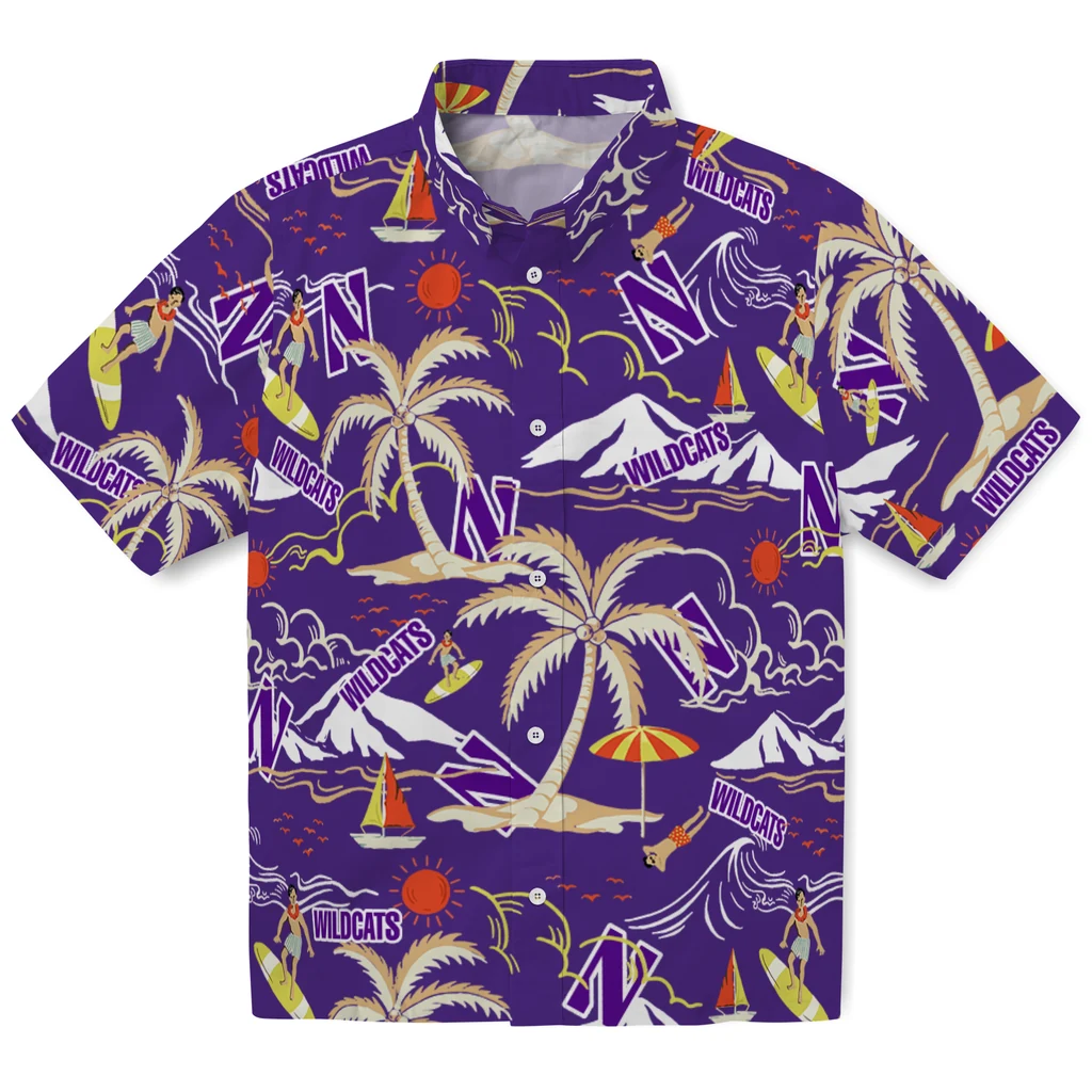 Northwestern Wildcats Hawaiian Shirt - Palm Tree Island northwestern wildcats palm tree island purple hawaiian shirts best selling