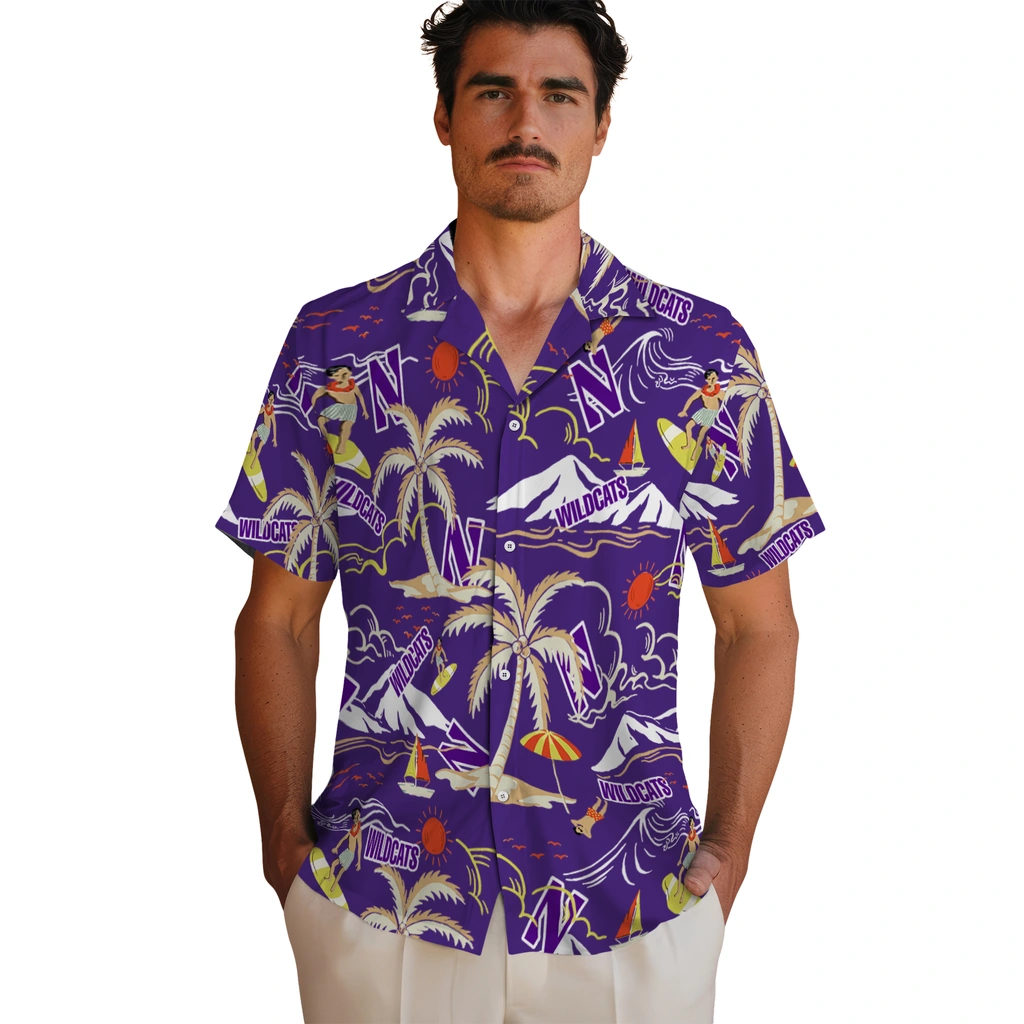 Northwestern Wildcats Hawaiian Shirt - Palm Tree Island northwestern wildcats palm tree island purple hawaiian shirts fashion forward