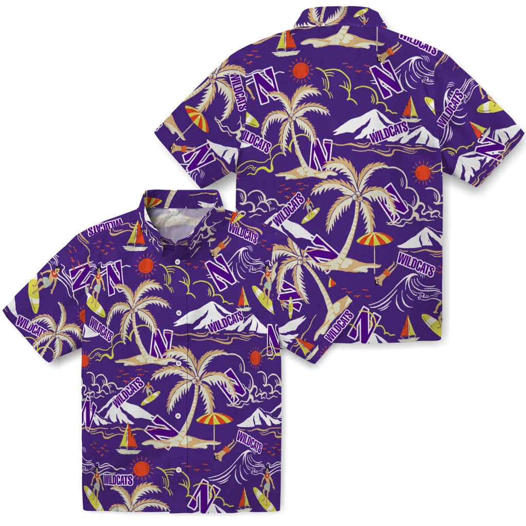 Northwestern Wildcats Hawaiian Shirt - Palm Tree Island northwestern wildcats palm tree island purple hawaiian shirts high quality