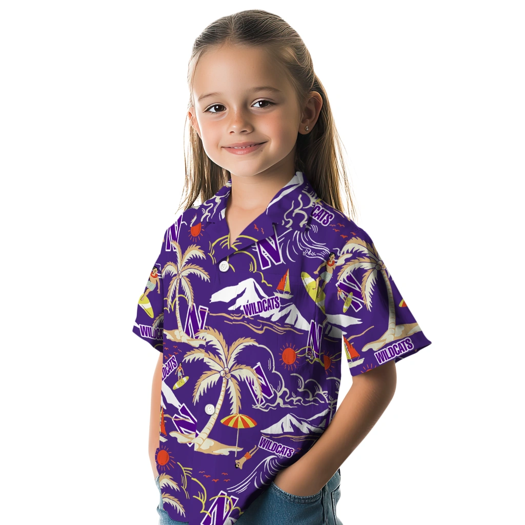 Northwestern Wildcats Hawaiian Shirt - Palm Tree Island northwestern wildcats palm tree island purple hawaiian shirts premium grade