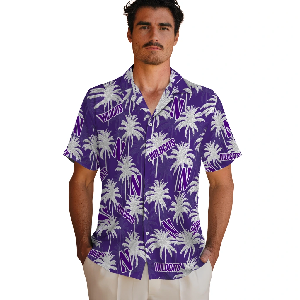 Northwestern Wildcats Hawaiian Shirt - Palm Tree Motif northwestern wildcats palm grove purple hawaiian shirts fashion forward