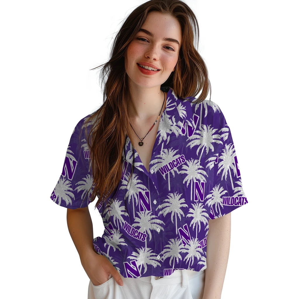Northwestern Wildcats Hawaiian Shirt - Palm Tree Motif northwestern wildcats palm grove purple hawaiian shirts latest model